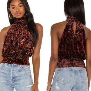 Free People Take A Break Velvet Black Orange Mock Neck Haltet Crop Top